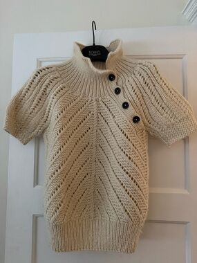 Adam Lippes Cream Short-Sleeve Cable Turtleneck Sweater with Button collar